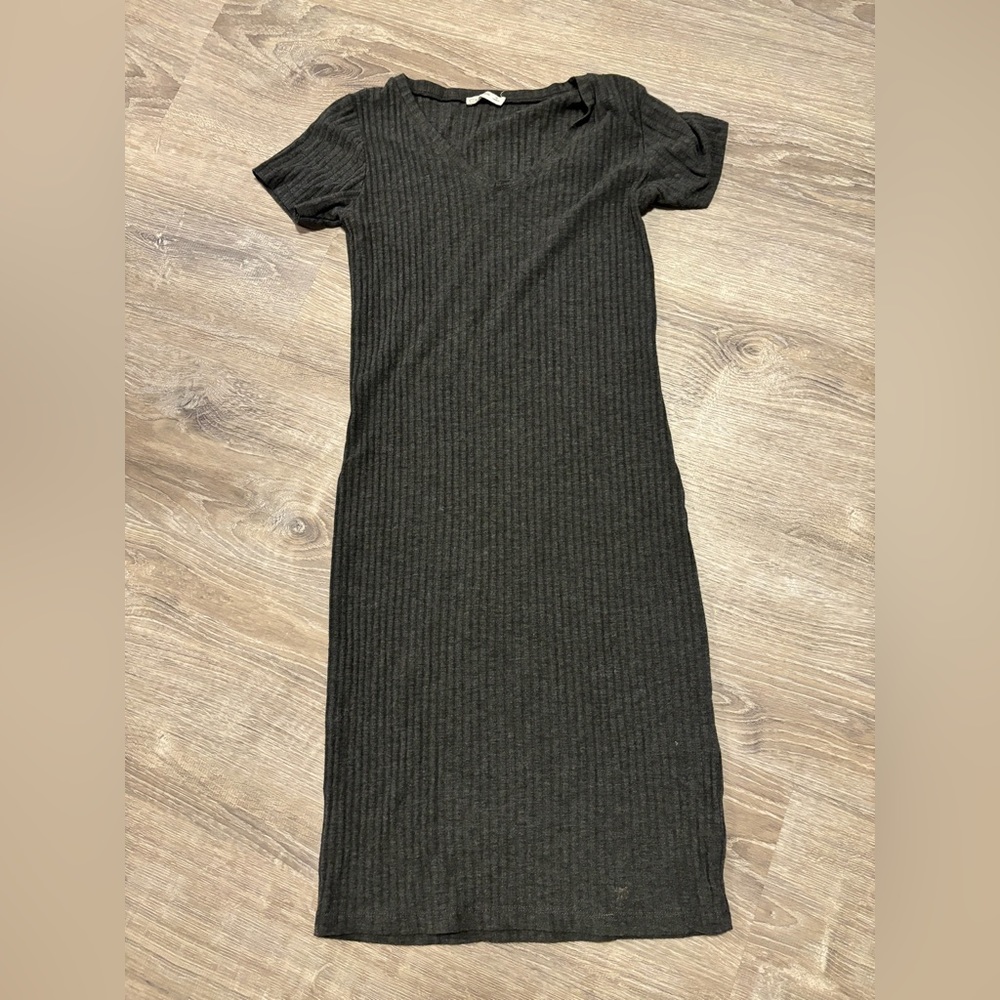 Gray Ribbed V neck Dress